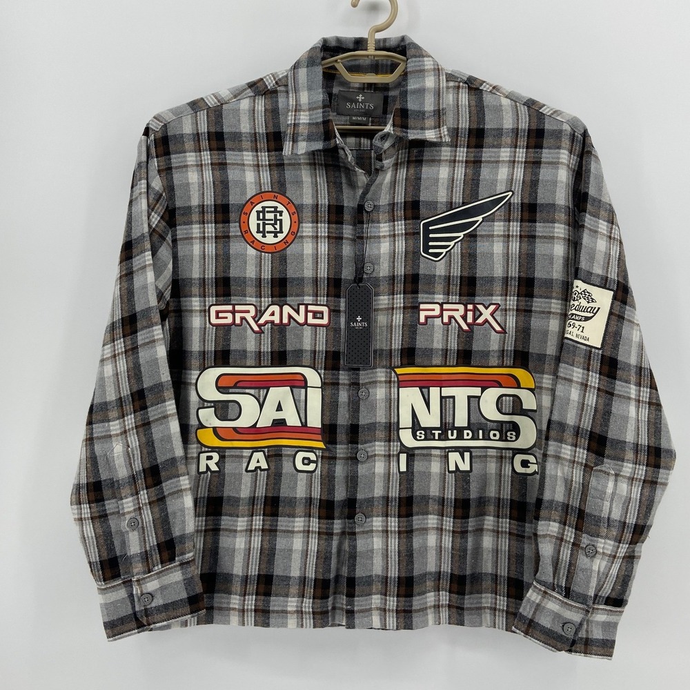 Men's NWT Grand Prix Racing Button Up Rugged Bold Woven Flannel Grunge Hip Hop